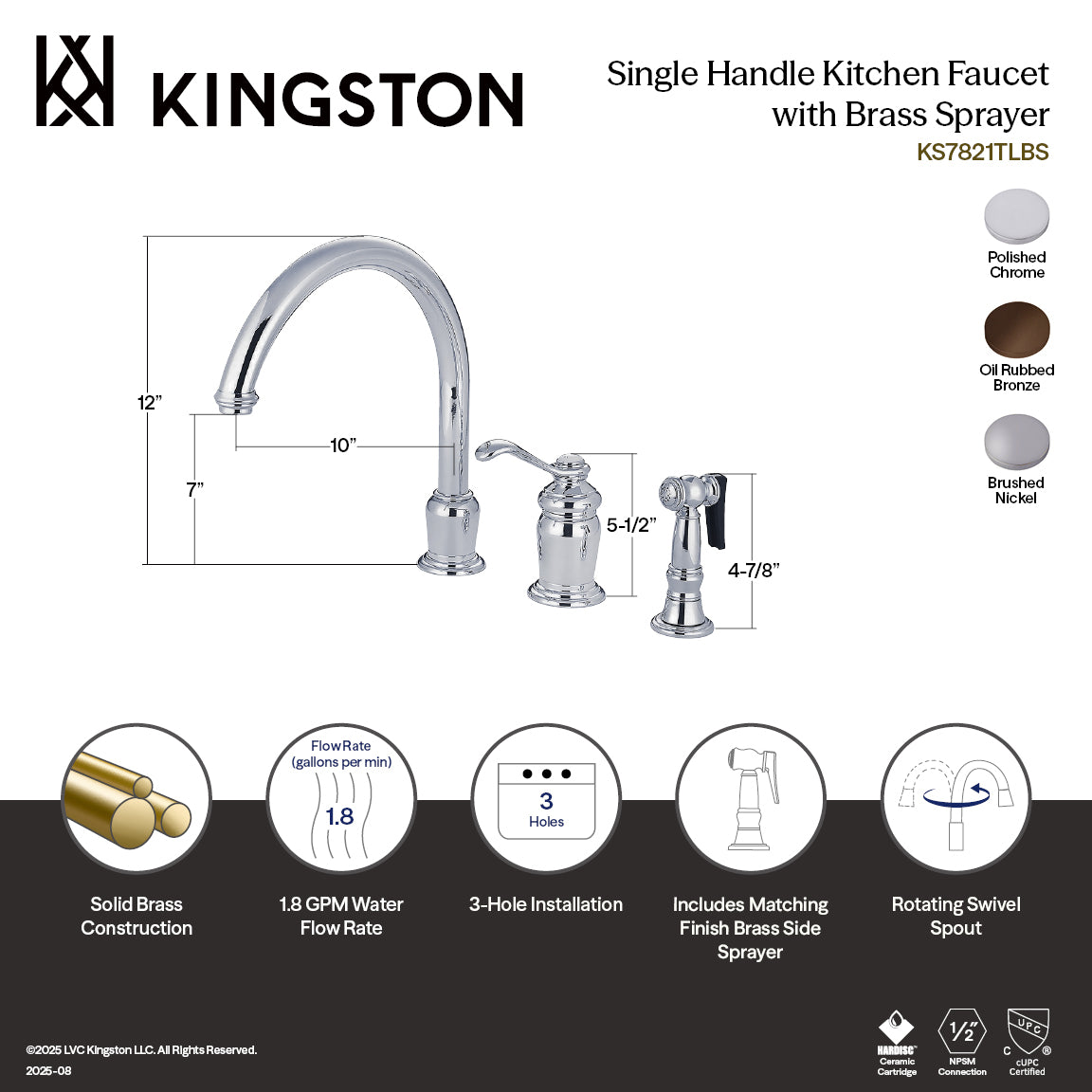 Kingston Tulare KS7825TLBS - Templeton Single-Handle 3-Hole Widespread Kitchen Faucet with Brass Sprayer, Oil Rubbed Bronze — thumbnail 2